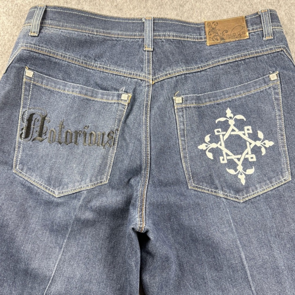 NOTORIOUS BIG Vintage 90s Y2k Baggy Embroidered Jeans 38x26 Grunge Hip‎ Hop Emo